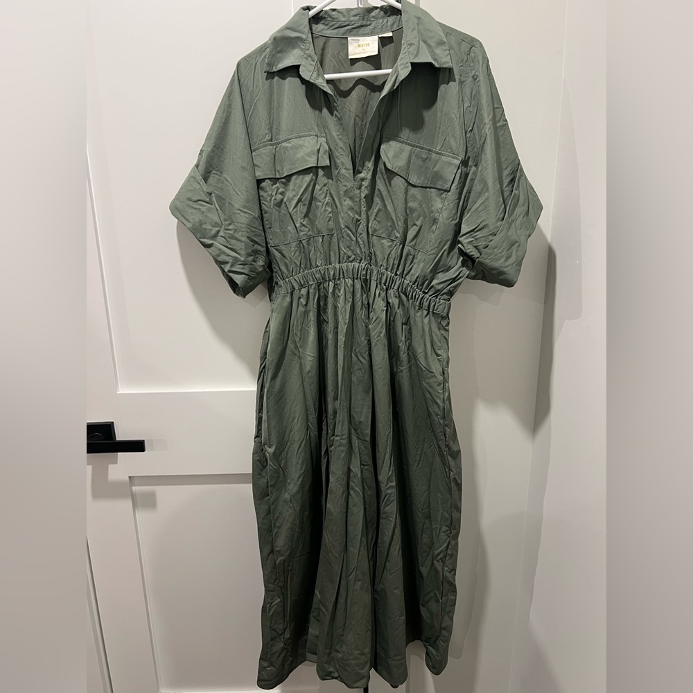 Maeve by Anthropologie Army Green Short Sleeve Utility Women's Dress